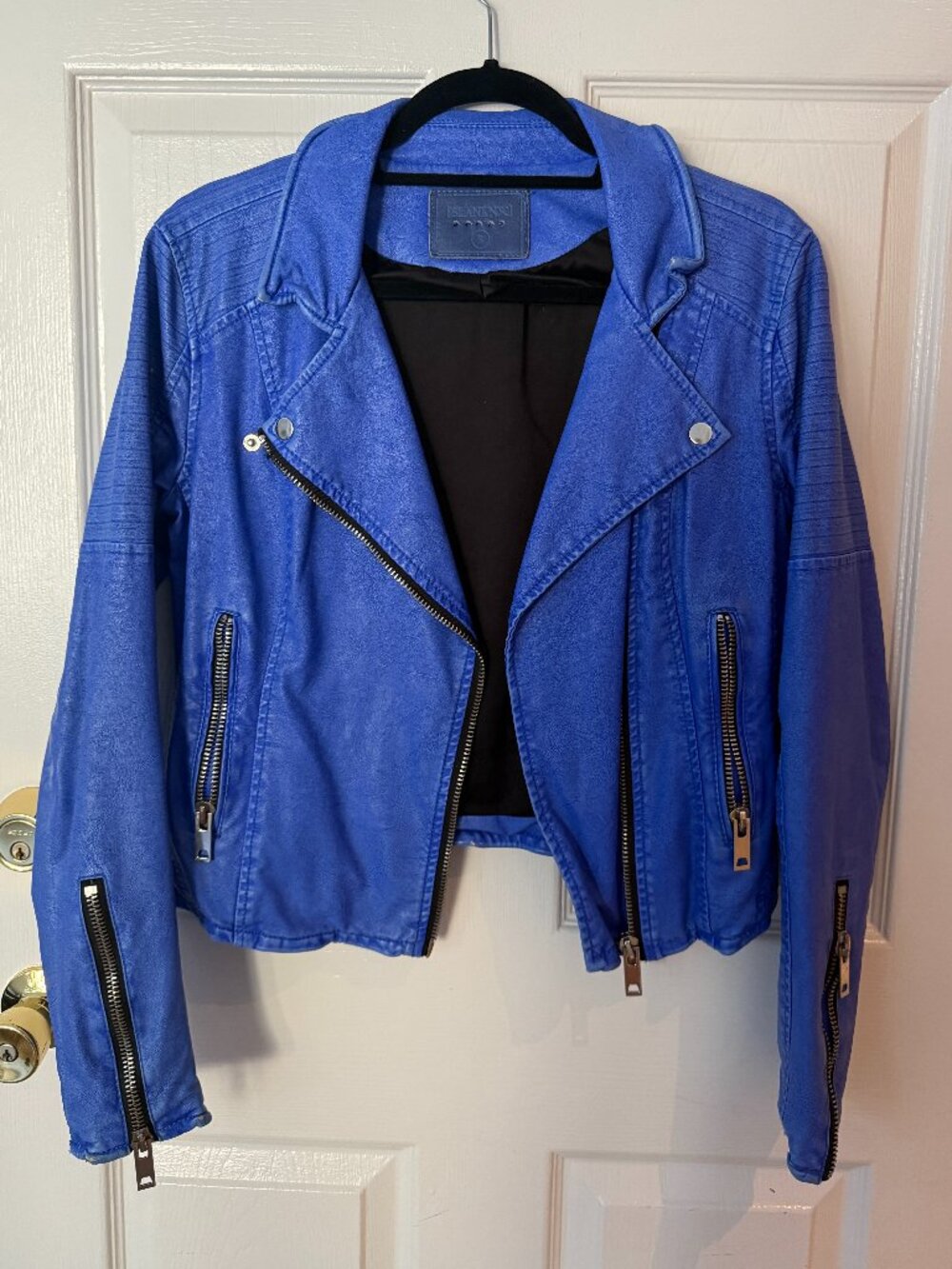 Blue Faux Leather Motto Jacket